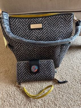 Spartina Brand Black & Gray Chevron Shoulder Bag with Yellow Accent